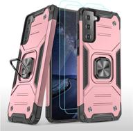 galaxy s21 case （not fit s21 plus with 2pcs tempered glass screen protector hybrid shockproof 360 rotating ring holder kickstand car mount heavy duty protection cover for samsung s21 5g -pink logo