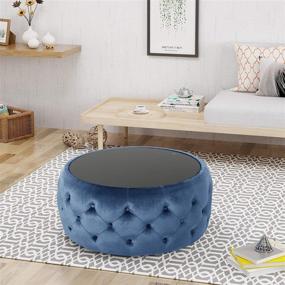 img 3 attached to Glam Velvet Coffee Table Ottoman by Christopher Knight Home, Cobalt Blue with Black Tempered Glass