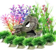 13-piece green plastic aquarium plants with rockery view, vibury aquarium mountain reef rock cave resin fish tank ornament decoration logo