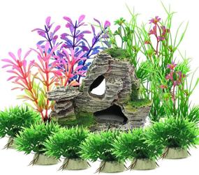 img 4 attached to 13-Piece Green Plastic Aquarium Plants with Rockery View, Vibury Aquarium Mountain Reef Rock Cave Resin Fish Tank Ornament Decoration