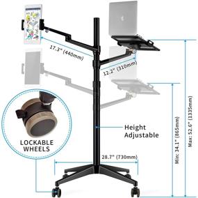 img 2 attached to 🖥️ (2021 Enhanced) CarrieCathy Laptop and Tablet Floor Stand with Wheels, 2-in-1 Rolling Height Adjustable Dual Arm, Compatible with 4-13&#34; Phone Tablet iPad, Extra Tray for 12-17&#34; Laptop/Notebook