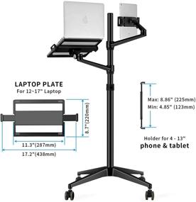 img 3 attached to 🖥️ (2021 Enhanced) CarrieCathy Laptop and Tablet Floor Stand with Wheels, 2-in-1 Rolling Height Adjustable Dual Arm, Compatible with 4-13&#34; Phone Tablet iPad, Extra Tray for 12-17&#34; Laptop/Notebook