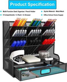 img 1 attached to 🖇️ Multifunctional Desk Organizer Collection - Wellerly Mesh Pencil Holder with 9 Compartments, Storage Rack, and Drawer - Office, School, and Home Supply Holder - Markers Pen Organizer - Black