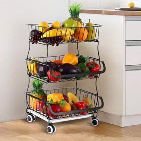 img 3 attached to 🍎 Convenient HEOMU 3 Tier Fruit Basket Stand: Metal Wire Storage Cart with Wheel for Organized Kitchen, Pantry, Garage - Black