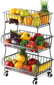 img 4 attached to 🍎 Convenient HEOMU 3 Tier Fruit Basket Stand: Metal Wire Storage Cart with Wheel for Organized Kitchen, Pantry, Garage - Black