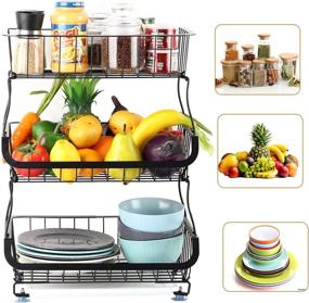 img 2 attached to 🍎 Convenient HEOMU 3 Tier Fruit Basket Stand: Metal Wire Storage Cart with Wheel for Organized Kitchen, Pantry, Garage - Black