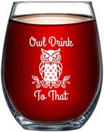 owl drink to that funny 15 ounce stemless wine glass: perfect birthday owl themed gift for men or women, owls kitchen decor, unique owl housewarming gift logo