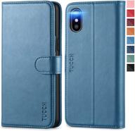 📱 tucch iphone xs wallet case: pu leather with auto wake/sleep, tpu shockproof interior, folio cover stand, wireless charging, rfid credit card holder - compatible for iphone xs, lake blue logo