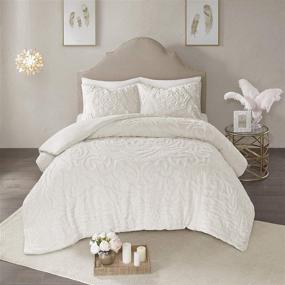 img 2 attached to 🌸 Madison Park Laetitia 100% Cotton Duvet Set: Chenille Tufted Medallion Design - All Season Cozy Bedding, Shabby Chic Comforter Cover, Full/Queen Size - Floral Off White