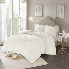 img 4 attached to 🌸 Madison Park Laetitia 100% Cotton Duvet Set: Chenille Tufted Medallion Design - All Season Cozy Bedding, Shabby Chic Comforter Cover, Full/Queen Size - Floral Off White
