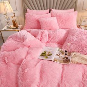 img 2 attached to 🛏️ Premium Plush Shaggy Duvet Cover Set - Super Soft Crystal Velvet Bedding - 3 Piece Set (1 Duvet Cover + 2 Pillowcases) - King Size - Pink