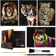 🐯 ferocious animals scratch art paper set: a4 rainbow painting night view scratchboard for kids & adults - includes 4 scratch cards (tiger/leopard/lion/wolf), drawing pen, clean brush - perfect for art craft and crafts logo