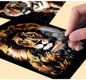 img 2 attached to 🐯 Ferocious Animals Scratch Art Paper Set: A4 Rainbow Painting Night View Scratchboard for Kids & Adults - Includes 4 Scratch Cards (Tiger/Leopard/Lion/Wolf), Drawing Pen, Clean Brush - Perfect for Art Craft and Crafts