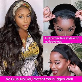 img 2 attached to Hedy Headband Wig: Brazilian Body Wave Human Hair Wigs for Black Women, Glueless & None Lace Front, 150% Density, 18 inch Length