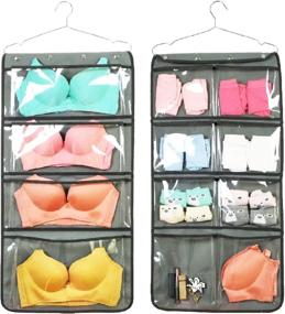 img 4 attached to 👚 NIMES Grey Hanging Closet Organizer with 12 Large Clear Pockets - Dual-Sided Storage for Durable Underwear, Socks, Bras, and Stockings