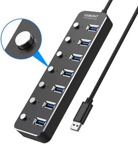 img 3 attached to VEMONT 7-Port USB 3.0 Aluminum Data Hub with Individual On/Off Switches and LED Lights, Ideal for Laptop, PC Computer (4ft/120cm) - USB Hub Splitter