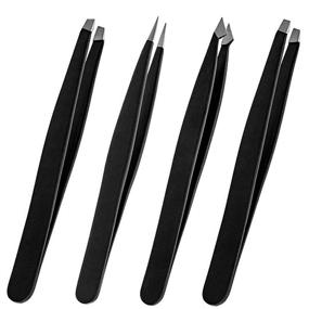 img 2 attached to Black Stainless Steel Ingrown Hair Tweezer Set - Slanted and Pointed Tips, Professional 4-Piece Set