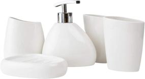 img 4 attached to My-Deeb 5-Piece White Ceramic Bathroom Accessories Set: Lotion Dispenser, Tooth Brush Holder, 2 Tumbler, and Soap Dish. Modern Design Bath Set.