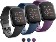 set of 3 silicone replacement bands for fitbit versa 2, versa, versa lite & versa se - small & large wristbands for women and men (small: 5.5"-7.1" wrists) in black, blue, and purple logo