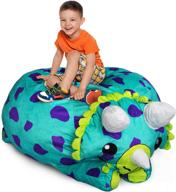 🦖 stuffums bean bag chair and stuffed animal storage - 3-foot turquoise triceratops dinosaur pouf: organize and store over 50 plushies with style! логотип