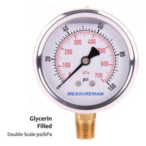 img 2 attached to Measureman 2.5-Inch Dial Pressure Gauge, Glycerin-Filled, 0-100psi/kpa, 304 Stainless Steel Case, 1/4-Inch NPT Lower Mount