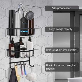 img 3 attached to 🚿 Duwee NeverRust Aluminum Caddy Organizer - Hanging Shower Caddy for Shampoo, Conditioner, and Shower Essentials - Over-The-Shower-Head Rack with Hooks for Razors and Towels - Sleek Black Design