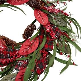 img 1 attached to 🎄 Farmhouse Christmas Wreath: 20 Inch Winter Door Wreath with Artificial Snow, Red Wooden Leaves, Berries, and Pine Cones - Festive Decorations with Buffalo Check Pattern