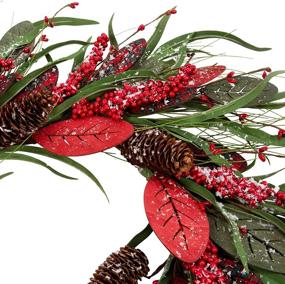 img 2 attached to 🎄 Farmhouse Christmas Wreath: 20 Inch Winter Door Wreath with Artificial Snow, Red Wooden Leaves, Berries, and Pine Cones - Festive Decorations with Buffalo Check Pattern
