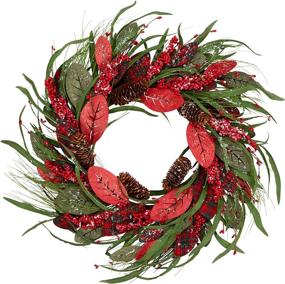 img 4 attached to 🎄 Farmhouse Christmas Wreath: 20 Inch Winter Door Wreath with Artificial Snow, Red Wooden Leaves, Berries, and Pine Cones - Festive Decorations with Buffalo Check Pattern
