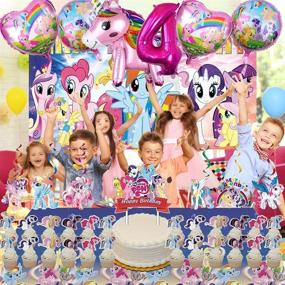 img 3 attached to 🎉 4th Birthday Party Decorations Supplies for Girls - My Little Pony Cake Topper, Banner, Backdrop, and Balloons