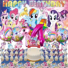 img 4 attached to 🎉 4th Birthday Party Decorations Supplies for Girls - My Little Pony Cake Topper, Banner, Backdrop, and Balloons