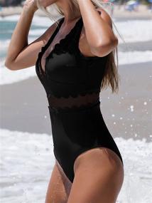 img 1 attached to CUPSHE Women's V Neck Scalloped Trim Contrast Mesh One Piece Swimsuit with Wide Straps and Low Back