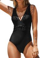 cupshe women's v neck scalloped trim contrast mesh one piece swimsuit with wide straps and low back logo