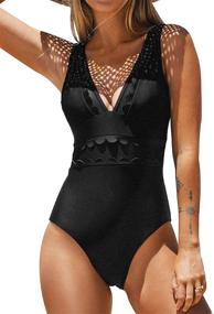 img 4 attached to CUPSHE Women's V Neck Scalloped Trim Contrast Mesh One Piece Swimsuit with Wide Straps and Low Back