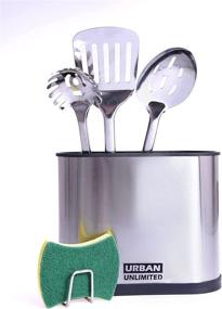 img 4 attached to 🔪 Large Stainless Steel Utensil Holder - 8.6" X 7" Kitchen Organizer Crock for Flatware, Drip Tray, Rust-Proof, Sturdy Design - Sink or Countertop Placement with Bonus Adhesive Sponge Holder for a Tidy Kitchen