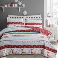 🦌 cozy lodge cabin moose reversible christmas bedding set: king size quilt, rustic reindeer elk snowflake design in red blue green stripes logo