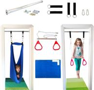 blue compression swing and trapeze bar with red gym rings combo - dreamgym doorway sensory swing kit logo