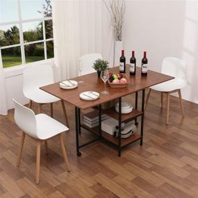 img 4 attached to 🍽️ KOTPOP Folding Dinner Table with Drop Leaf Extension, Space Saving Kitchen Table with 2 Storage Racks, 2 Wheels, and Farmhouse Style, in Brown