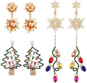 img 4 attached to HZEYN Sparkly Rhinestone Christmas Tree Crystal Bulb Snowflake 🎄 Bow Drop Earrings - Xmas Holiday Festive Earrings 4 Pack