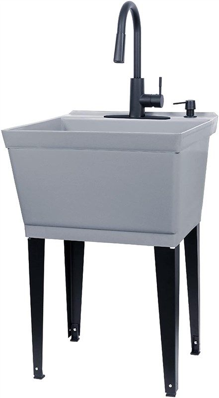 Blue Utility Sink with High Arc Black Faucet by VETTA by JS Jackson  Supplies, Pull Down