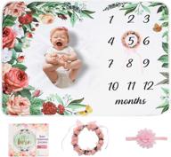 👶 baby monthly milestone blanket + floral stickers, premium floral wreath & headband set, soft fleece baby photo blankets for newborn 1-12 months | girl and boy logo