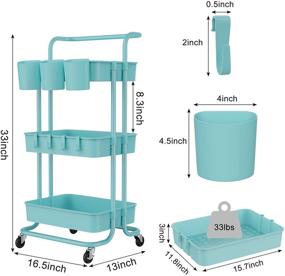 img 3 attached to Синий трехуровневый роликовый универсальный тележка: эффективный органайзер с висячими чашками, крючками и ручкой для офиса, ванной, кухонного хранения - легкая сборка!