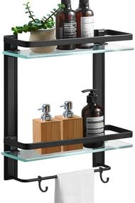 img 4 attached to 🛁 Hoimpro Square Style Bathroom Lavatory Glass Shower Shelf with Towel Bar Rack - Tempered Glass 2-Tier Shelves, Wall Mounted Shower Storage in Heavy Duty Matte Black Aluminum