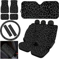 🐆 universal fit suv van sedan - belidome black leopard print car seat covers, floor mats, armrest, steering wheel cover, seatbelt pads, sun visor set logo