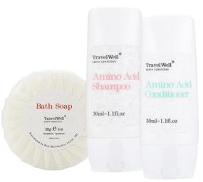 img 4 attached to 🧳 Travelwell Bulk Set: 25 Individually Wrapped 30ml Shampoo Bottles + 25 Conditioner Bottles + 25 Bars of Round Tissue Pleated 28g Cleaning Travel Soap