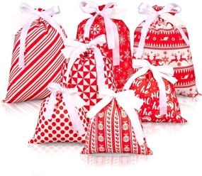 img 4 attached to 🎁 Whaline 7pcs Christmas Fabric Gift Bags - Drawstring Bag Cotton Storage Sack with Tags - Red Present Bags Goodie Treat Bags for Xmas Party Decorations and Supplies