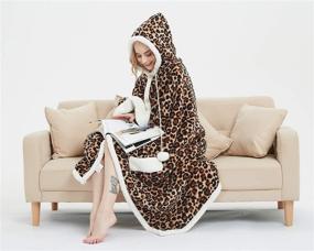 img 3 attached to Black Animal Print Hooded Throw Wrap - Ultra Soft Lined Snuggle Robe Plush Coral Fleece & Sherpa Wearable Blanket with 2 Pockets - Perfect Gift - Size: 51 x 71''