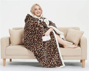 img 4 attached to Black Animal Print Hooded Throw Wrap - Ultra Soft Lined Snuggle Robe Plush Coral Fleece & Sherpa Wearable Blanket with 2 Pockets - Perfect Gift - Size: 51 x 71''