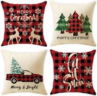 🎄 christmas pillow covers – set of 4, 18¡á18 inch, black/red buffalo plaid farmhouse xmas throw pillow covers – holiday rustic linen pillow case for outdoor and indoor sofa couch логотип