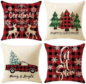 img 4 attached to 🎄 Christmas Pillow Covers – Set of 4, 18¡Á18 Inch, Black/Red Buffalo Plaid Farmhouse Xmas Throw Pillow Covers – Holiday Rustic Linen Pillow Case for Outdoor and Indoor Sofa Couch